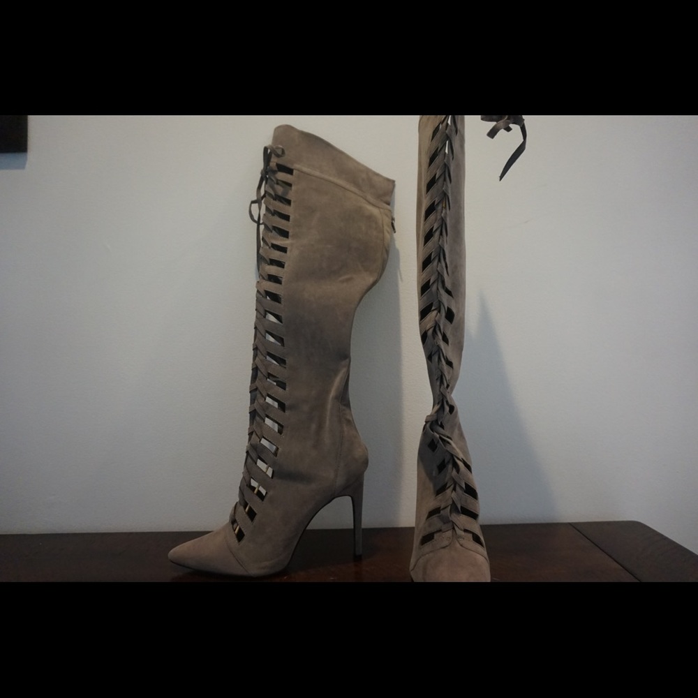 Grey Cut Out Knee High Boots